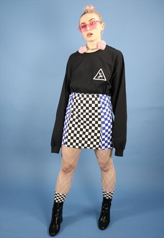 BLUE & BLACK CHECKERBOARD PANEL SKIRT