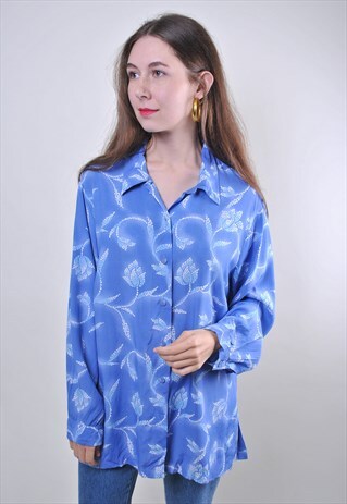 VINTAGE BLUE FLORAL PRINT WOMAN LONG SLEEVE BLOUSE