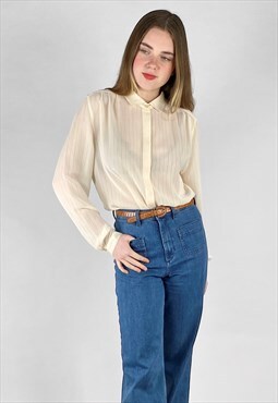 70's Cream Vintage Long Sleeve Stripe Ladies Blouse