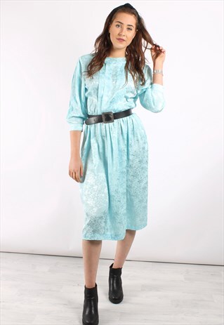 VINTAGE 80S SATIN JACQUARD MIDI DRESS IN BLUE TURQUOISE