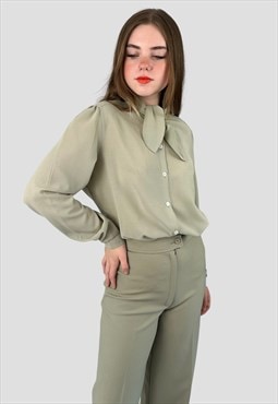 80's Vintage Blouse Sage Green Long Sleeve Pussy Bow