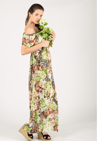 OFF-SHOULDER FLORAL PRINT MAXI DRESS (GREEN)