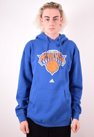ADIDAS MENS VINTAGE KNICKS HOODIE SWEATER MEDIUM BLUE 90S