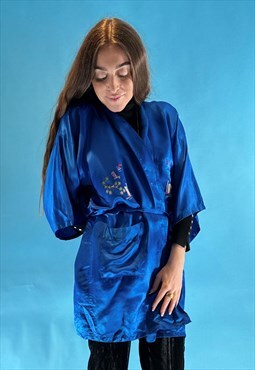 Vintage 1980s Satin Blue Embroidered Kimono Style Short Robe