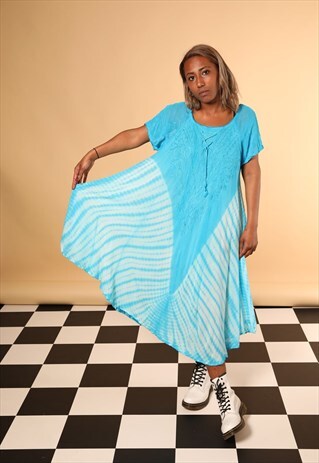 VINTAGE BATIK TIE DYE BLUE EMBROIDERED DRESS