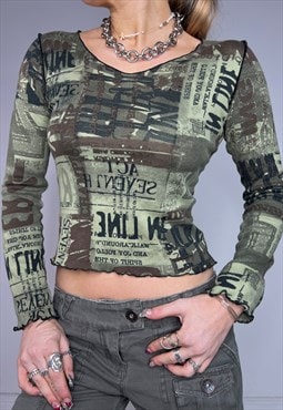 Vintage Y2k Top Long Sleeves Graphic Camo Khaki 90s Grunge