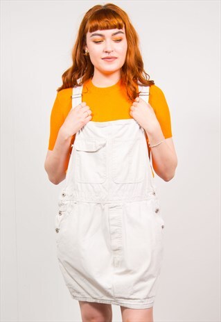 VINTAGE 90'S CREAM MINI PINAFORE DENIM DUNGAREE DRESS