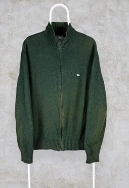 Vintage Burberry Zip Cardigan Jumper Green Wool Mens Large