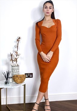 Soft Knitted Ribbed Midi Bodycon Dress Long Sleeve In brown