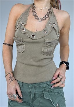 Vintage Y2k Halter Top Vest Distressed Grunge Khaki 90s 