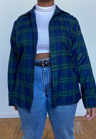 VINTAGE 80S GREEN/BLUE PLAID COTTON FLANNEL (M)