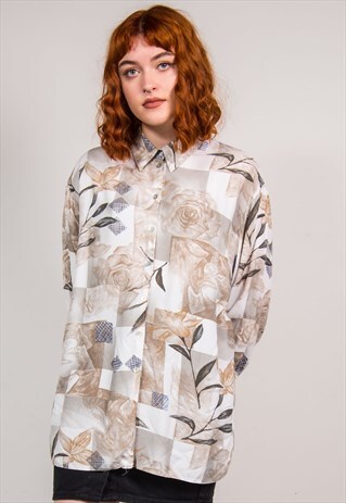 90'S VINTAGE BEIGE FLOWER PATTERN SHIRT