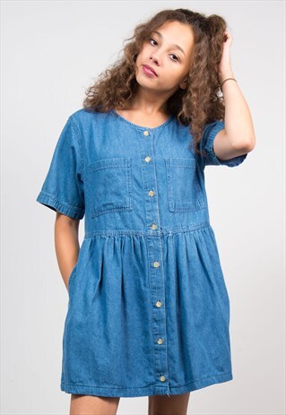 VINTAGE 90'S LIGHT BLUE BUTTON DENIM SMOCK DRESS