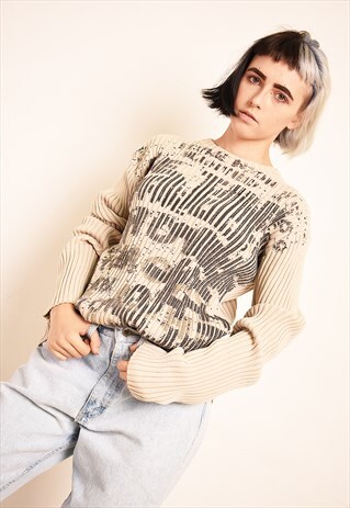 Y2K SLOGAN GRAPHIC PRINT RIBBED KNITTED TEEN JUMPER