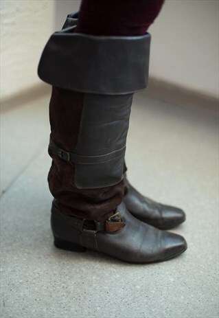 VINTAGE 80'S BROWN LEATHER SUEDE BUCKLE DETAILS BOOTS