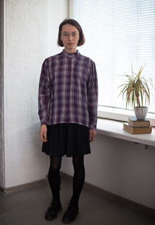 VINTAGE 80'S PURPLE HIGH COLLAR CHECKED PUFF SLEEVED BLOUSE