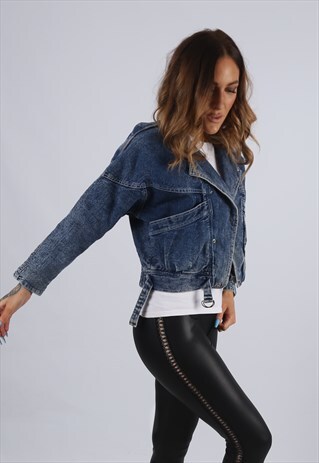 VINTAGE DENIM JACKET ACID WASH CROPPED UK 8 XS (JBF)