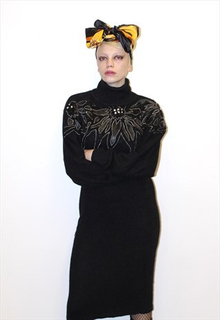 80S VINTAGE ROLL NECK JUMPER DRESS BEADED PARTY MIDI