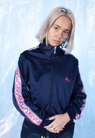 VINTAGE ASICS NAVY AND PINK EMBROIDERED TRACK JACKET