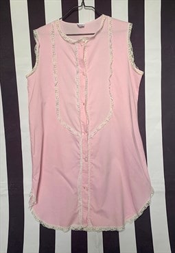 Vintage 60s Pink Cotton Sleeveless Night Shirt Dress UKk14