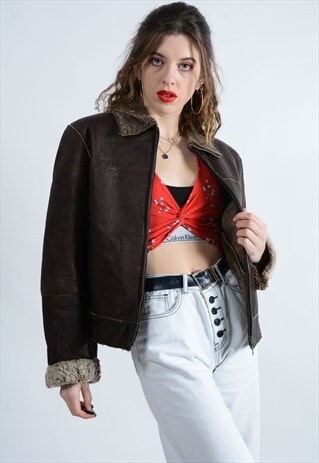 Vintage Leather Jacket with shearling lining in Brown
