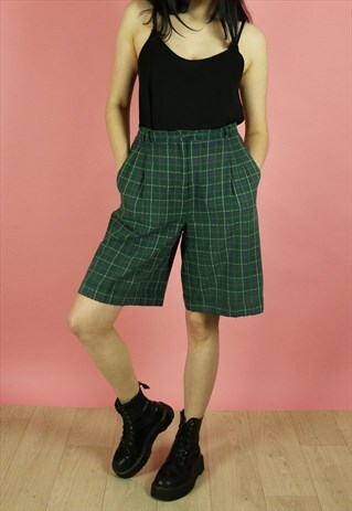 VINTAGE HIGH WAIST TARTAN GREEN SHORTS 90S GRUNGE