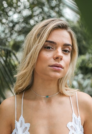 DAINTY TURQUOISE CRYSTAL CHOKER NECKLACE IN STERLING SILVER