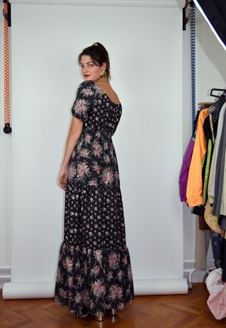 VINTAGE MAXI FLORAL SHORT SLEEVED DRESS, M SIZE
