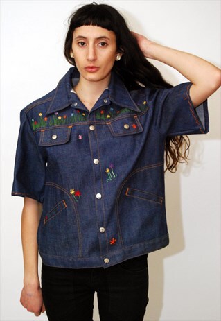 VINTAGE DENIM JACKET (M/L) EMBROIDERED 70S TOP SHIRT LOOSE