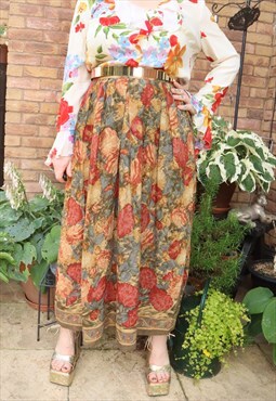 Vintage 90s Tan Cottage Floral Flower Festival Maxi Skirt