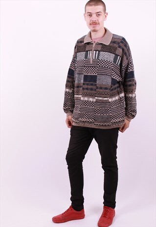 VINTAGE 80'S GREY CHECK OVERSIZED JUMPER SIZE LARGE