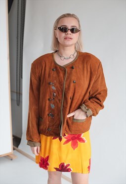 Vintage Boho Mid Length Double Breasted Faux Suede Jacket L