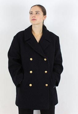 LE GLAZIK made in France Women L navy Pea coat Jacket Anchor
