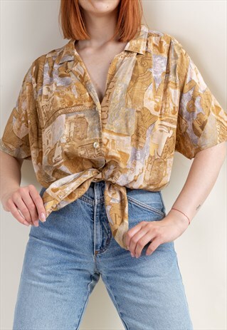 VINTAGE FESTIVAL EGYPTICAN PATTERN BROWN SHORT SLEEVE SHIRT
