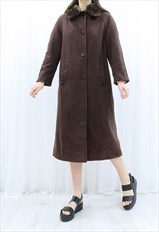 80s Vintage Brown Wool Faux Fur Trench Coat (Size L)