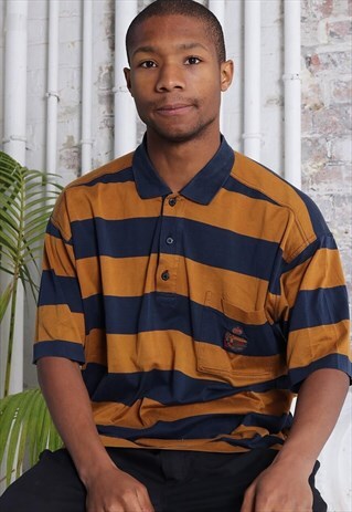 VINTAGE PAUL AND SHARK LOGO STRIPED POLO SHIRT BROWN BLUE