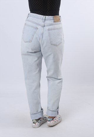 HIGH WAISTED DENIM JEANS TAPERED LEG VINTAGE UK 12 (K9EC)