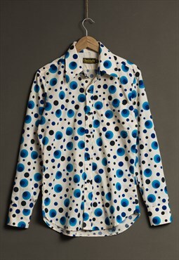 Vintage Mens Blue Polka Dot Buttons Up Crazy Shirt 19058