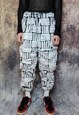 Luxury faux fur joggers check fleece festival pants in white