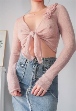 vintage y2k balletcore pink mohair tie front top