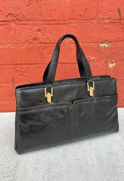1970s Shiny Black Leather Elegant Top Handle Bag