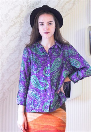 BRIGHT PURPLE AND GREEN PATTERNED LONG SLEEVE VINTAGE SHIRT
