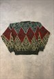 VINTAGE KNITTED JUMPER ABSTRACT PATTERNED GRANDAD SWEATER