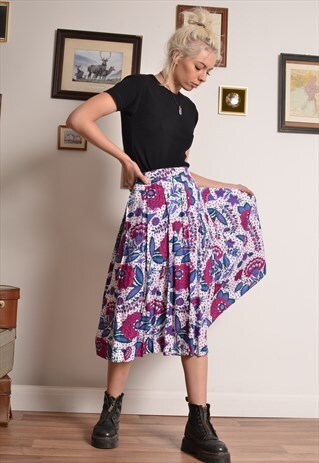 VINTAGE 80S FLORAL MIDI SKIRT IN PURPLE