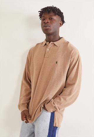 VINTAGE RALPH LAUREN LONG SLEEVE POLO TOP BEIGE