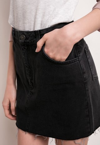 MINI SKIRT - BLACK DENIM WITH RAW EDGE