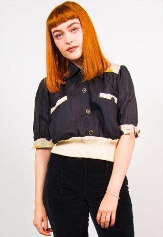 VINTAGE 80'S BLACK POLKA DOT PATTERN SHORT SLEEVE BLOUSE