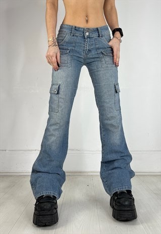 Vintage Y2K Jeans Utility Cargo Low Rise Bootcut 90s Grunge