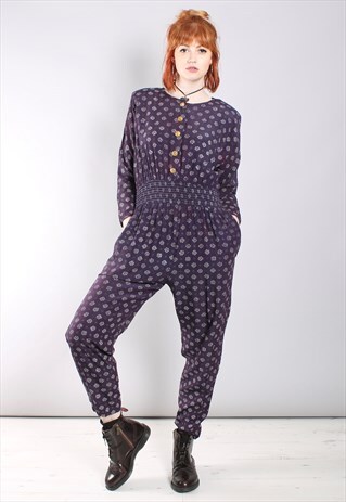 VINTAGE 80S PURPLE SPOTTY PATTERNED BATWING BUTTON JUMPSUIT