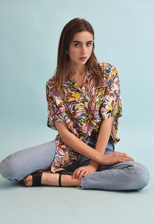 90'S RETRO FLORAL PRINT FESTIVAL TIE UP TOP BLOUSE